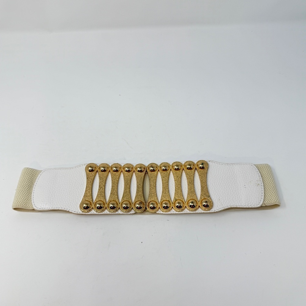 Vintage statement belt wide white stretch elastic gold buckle